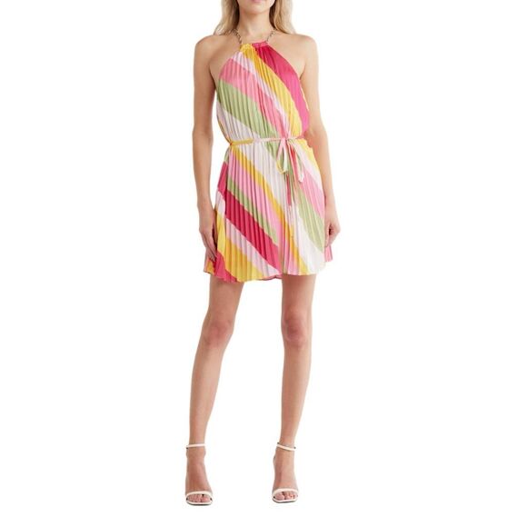 NWT Ramy Brook Chloe halter chain mini dress in pink punch stripes Size L  - threedaughtersproperties.com